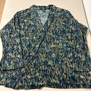 Alfani Woman Open Front Cardigan Sweater Teal Blue Yellow Abstract Print 1X